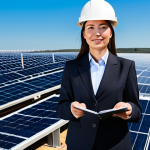 **

A professional female engineer in a fully clothed, modest business suit, standing confidently in a modern solar power plant. Background shows rows of solar panels under a clear sky. Perfect anatomy, correct proportions, natural pose, well-formed hands, proper finger count. Safe for work, appropriate content, fully clothed, professional. High quality, detailed image, professional photography.

**