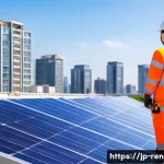 신재생에너지발전설비 자격증 취득자의 성장 스토리 - A professional Japanese engineer wearing safety gear and a work uniform with a visible company logo,...
