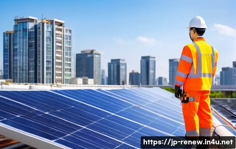 신재생에너지발전설비 자격증 취득자의 성장 스토리 - A professional Japanese engineer wearing safety gear and a work uniform with a visible company logo,...