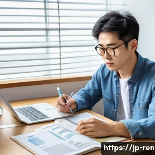 신재생에너지발전설비 자격증 합격 후기 - A focused Japanese adult male studying diligently at a neat desk in a modern home office, surrounded...