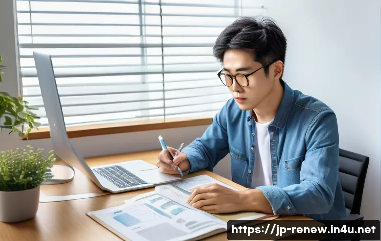 신재생에너지발전설비 자격증 합격 후기 - A focused Japanese adult male studying diligently at a neat desk in a modern home office, surrounded...