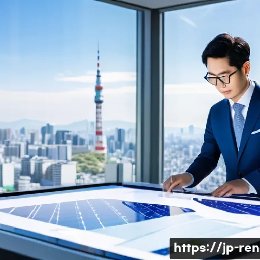신재생에너지발전설비 연봉 데이터 통계 - A professional Japanese renewable energy engineer in modern office attire, working on solar panel de...