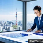 신재생에너지발전설비 연봉 데이터 통계 - A professional Japanese renewable energy engineer in modern office attire, working on solar panel de...