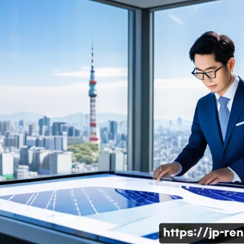 신재생에너지발전설비 연봉 데이터 통계 - A professional Japanese renewable energy engineer in modern office attire, working on solar panel de...