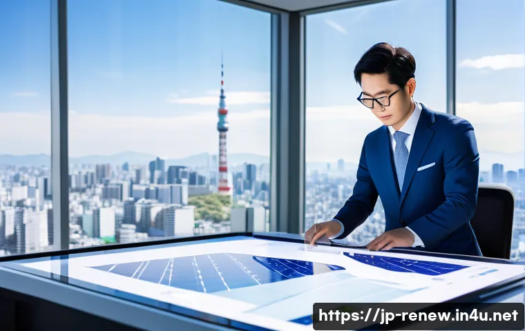 신재생에너지발전설비 연봉 데이터 통계 - A professional Japanese renewable energy engineer in modern office attire, working on solar panel de...