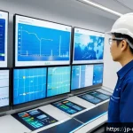 신재생에너지발전설비 자격증 관련 법규 이해 - A detailed, modern renewable energy power plant control room in Japan, featuring engineers wearing p...