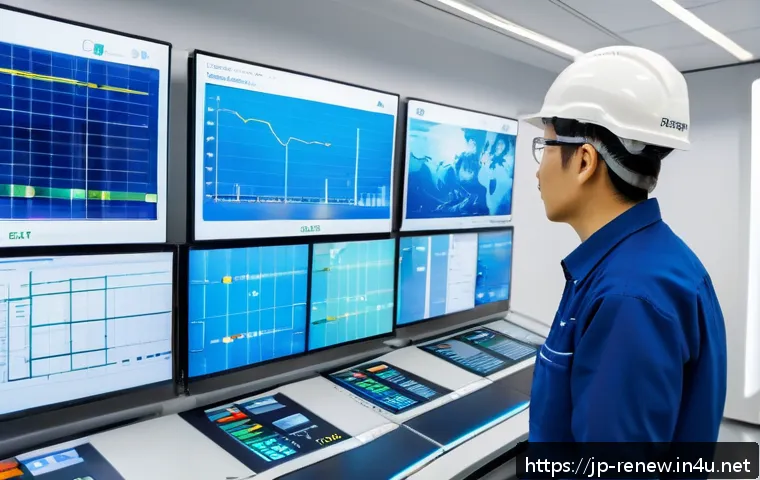 신재생에너지발전설비 자격증 관련 법규 이해 - A detailed, modern renewable energy power plant control room in Japan, featuring engineers wearing p...